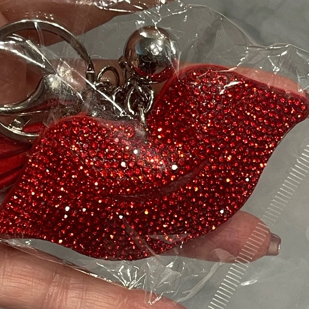 Puff Rhinestone Red Lip Keychain Bag Charm